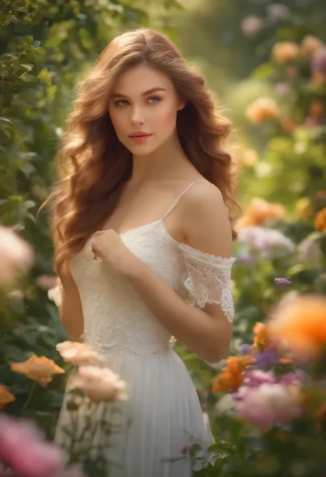 A girl in a garden,(best quality,highres,masterpiece:1.2),realistic, vibrant colors, soft sunlight, blooming flowers, lush greenery, graceful movements, flowing hair, delicate features, captivating gaze, ethereal beauty, tranquil atmosphere, peaceful seren...