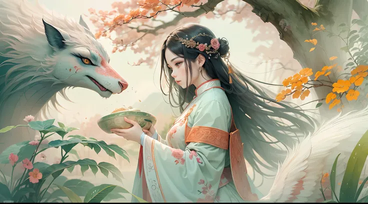 a girl with beautiful detailed eyes and face,longeyelashes,2girls,in a garden,traditional Chinese style,ink painting,mythical creatures,youthful,vibrant colors,magical atmosphere,soft lighting (best quality,4k,highres),ethereal,enchanted forest,serene,whim...