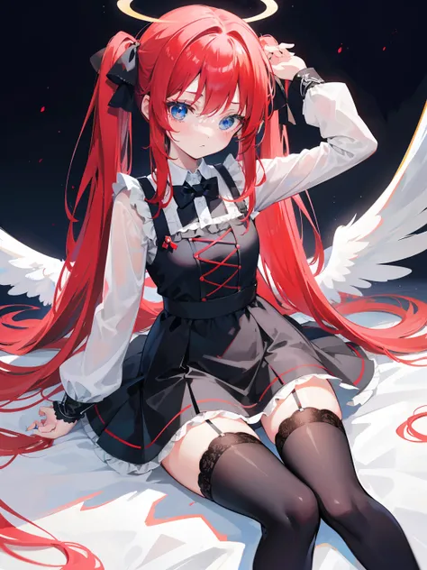 Red hair,Blue eyes,Twintails, Long hair, Solo, Loli, Black stockings,{{Best quality}}, {{Masterpiece}}, {{Ultra-detailed}}, {illustration}, {Detailed light}, {An extremely delicate and beautiful},Little girl,Cute,Angel, halo