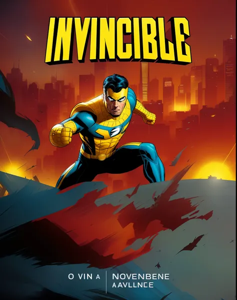 a poster of a man in a yellow and blue outfit running through a city, art of invincible, invincible, omni man vs invincible, standing tall invincible, in style of marvel comics, incredible movie poster, in style of marvel and dc, epic comic book style, com...