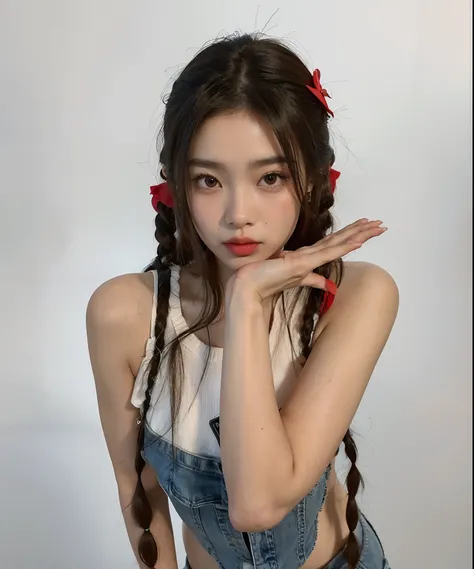 Arafed asian girl with long hair and red bows in a denim dress, jennie blackpink, Parque Roseanne do Blackpink, jossi do blackpink, Retrato de Jossi de Blackpink, penteado pigtails, Jaeyeon Nam, Sha Xi, TaeJune Kim, Heonhwa Choe, dois penteados pigtails, c...