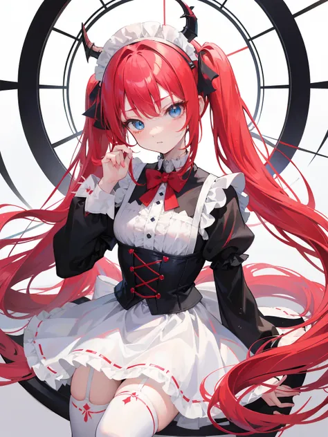 red hair,blue eyes,twintails,maid, long hair, long sleeves, gothic, solo, loli,Short skirt, white stockings,{{best quality}}, {{masterpiece}}, {{ultra-detailed}}, {illustration}, {detailed light}, {an extremely delicate and beautiful},little girl,cute,drag...