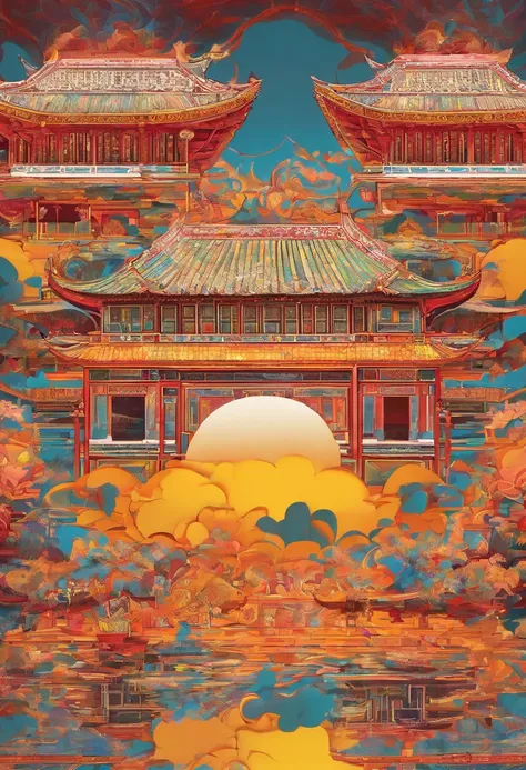 Chinese palace of the Tang Dynasty, in wonderland, surrounded by cloud, Far perspective, 。.。.3D, China-style, Reddish yellow tones。8K, High detail, Chiaroscuro, Depth of field, god light, stereograms, hyper HD, hyper HD, Textured skin, High details --auto