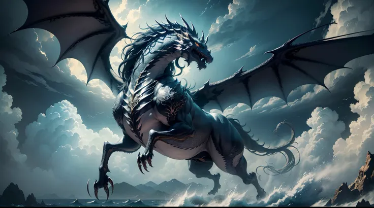 (The main subject: Wide-angle lens), (Best quality, A high resolution, Masterpiece:1.2),  (Realistic:1.37), hdr, [（Silver Chinese dragon+majestic posture+flowing mane+sharp claws and fangs)+(Dynamic and powerful wings）], dramatic clouds,(Deep depth of fiel...