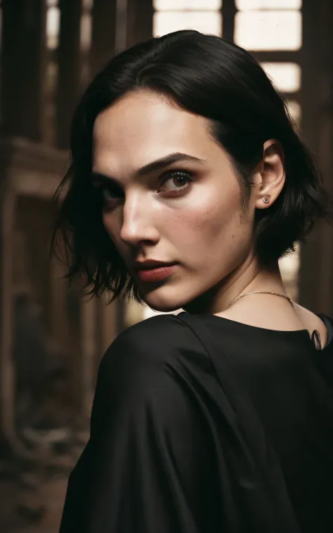 (Melhor Tiro, fotografia editorial de uma jovem de 30 anos 1,65 m 60 kg gal gadot), (rosto altamente detalhado:1.4) (sorrir:0.7) (Fundo teatro abandonado dentro do escuro, Moody, estudo privado:1.3), Steampunk Pirate Airship, Directed by: Lee Jeffries, Nik...