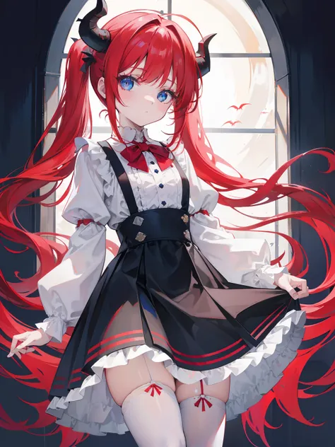 red hair,blue eyes,twintails, long hair, long sleeves, gothic, solo, loli,Short skirt, white stockings,{{best quality}}, {{masterpiece}}, {{ultra-detailed}}, {illustration}, {detailed light}, {an extremely delicate and beautiful},little girl,cute,dragon ho...