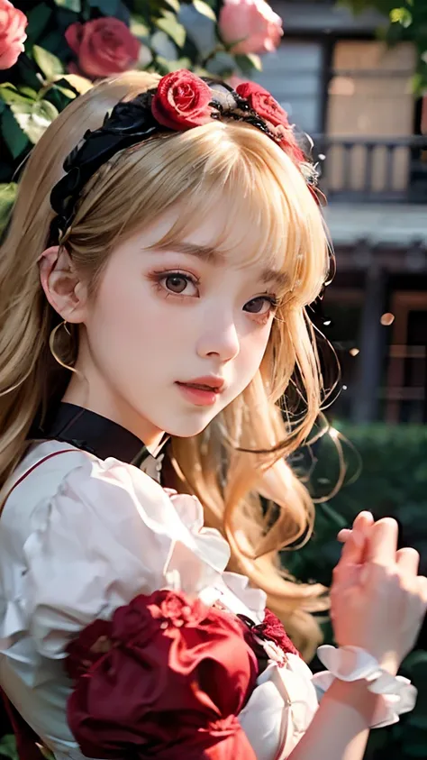 (​master piece:1.2, Best Quality), Realistic, (real picture, Intricate details, depth of fields), highly-detailed, ((red Lolita Dress, puff sleeves)), (Neat face), (Teenage Japanese girl dancing in a rose garden), (blonde hair, long wavy hair, Blunt bangs)...