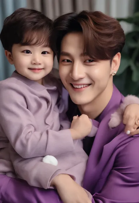 Bts jungkook with his son and wife , smiling, big doe eyes , bunny smile, purple dress