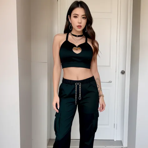 she’s wearing black cargo pants with Chains on them and a black crop top that goes up to her neck with a heart shaped key hole she is also 6’6, she has a mouth across her stomach, chest, neck, and back