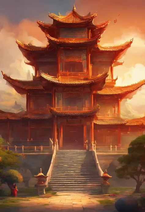 Chinese palace of the Tang Dynasty, in wonderland, surrounded by cloud, Far perspective, 。.。.3D, China-style, Reddish yellow tones。8K, High detail, Chiaroscuro, Depth of field, god light, stereograms, hyper HD, hyper HD, Textured skin, High details --auto