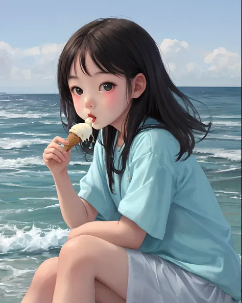 Little girl eats ice cream at the sea