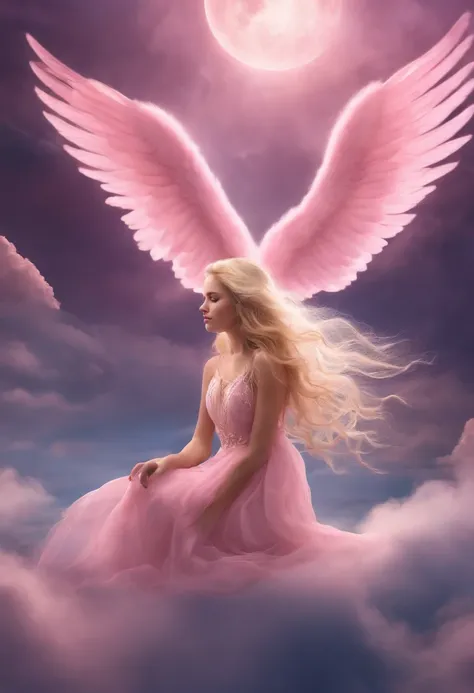 Small winged girl (light pink wings) is kneeling on a cloud, fair skin, long blonde hair, eyes (pink), Flying in the galaxy.