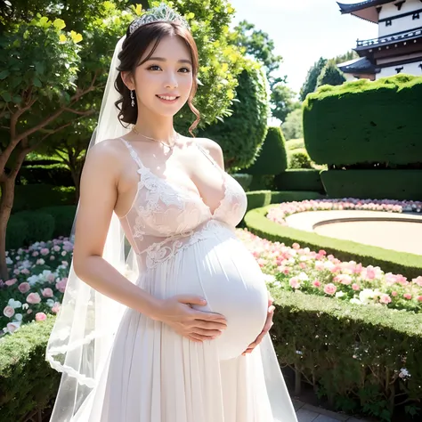 ((1 pregnant woman,Pregnant,Pregnant women in Japan,Pregnant women,Pregnancy,Japan pregnant women,Big belly,Very big belly)),Smile here,View here,Looking at the camera,finerly detailed face,Lifelike face,A slight smil,beautiful tiara,Tiara tiara and jewelr...