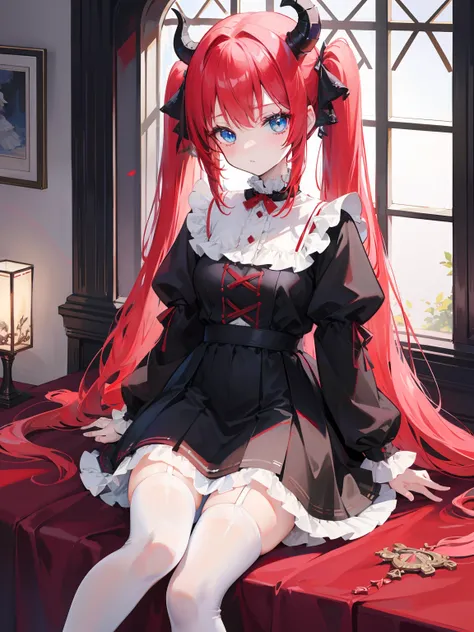 red hair,blue eyes,twintails, long hair, long sleeves, gothic, solo, loli,Short skirt, white stockings,{{best quality}}, {{masterpiece}}, {{ultra-detailed}}, {illustration}, {detailed light}, {an extremely delicate and beautiful},little girl,cute,dragon ho...