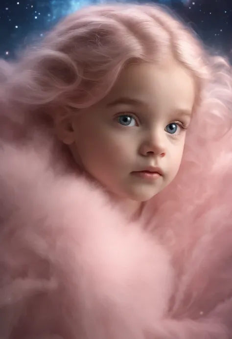 (master part, 4k resolution, ultra-realistic, altamente detalhado), (Tema de Menina pequena alada (asas rosa claro) Is kneeling on a cloud, pele clara, longos cabelos loiros, olho (Rosa), Flying in the galaxy.), [((7 anos), (longos cabelos brancos), corpo ...