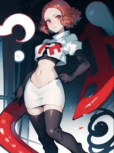 haru okumura (persona 5), team rocket uniform, white jacket, white skirt, pencil skirt, miniskirt, thighhigh boots, elbow gloves...