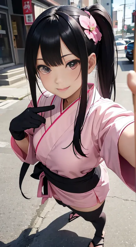 masutepiece, 8K best image quality, 8K ultra-high resolution, (Cute slender woman in anime style),　A big smile、 sixteen years old、Pink Hachimaki、(Eyes, Beautiful eyes:1.2), (hairstyle on, black dull bangs:1.2), （The hair、Short ponytail:1.2）、Full body,　ninj...