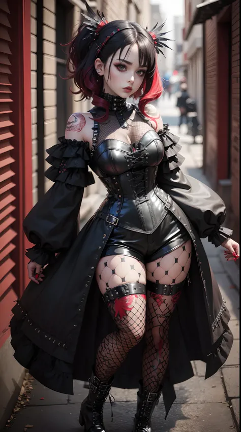 gothGals，Tattooed with，She wears a stud PVC corset，red colour，There are feathers on the shoulders, wind coat，kneehigh boots，(fish net leggings).