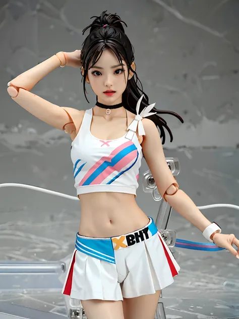 1girl action figure, figma, dancing and singing pose, wearing daisy duke, white tanktop, black choker, dynamic dancing, holding a mike in one hand, perfect hands