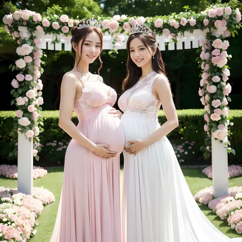 ((1 pregnant woman,Pregnant,Pregnant women in Japan,Pregnant women,Pregnancy,Japan pregnant women,Big belly,Very big belly)),(Smile here,View here,Looking at the camera),finerly detailed face,Lifelike face,A slight smil,beautiful tiara,Tiara tiara and jewe...