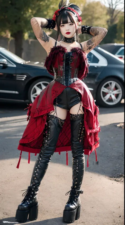 gothGals，Tattooed with，She wears a stud PVC corset，red colour，There are feathers on the shoulders, wind coat，kneehigh boots，(fish net leggings).