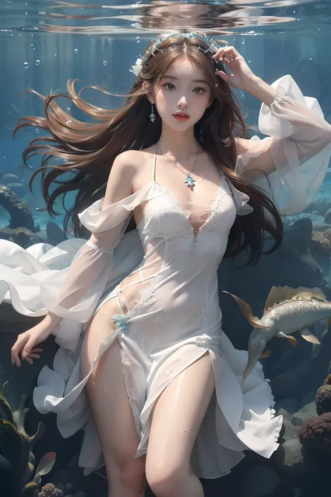 High detail CG，rich details​，An underwater world in the sun，deep water，water bubbles，small fish swimming around，Dress normally，White lace dress，The outside is covered with a white coat，Dragon girl，Wear an exaggerated necklace，Brown hair long，The sun shines...