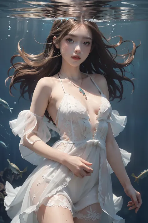 High detail CG，rich details​，An underwater world in the sun，deep water，water bubbles，small fish swimming around，Dress normally，White lace dress，The outside is covered with a white coat，Dragon girl，Wear an exaggerated necklace，Brown hair long，The sun shines...