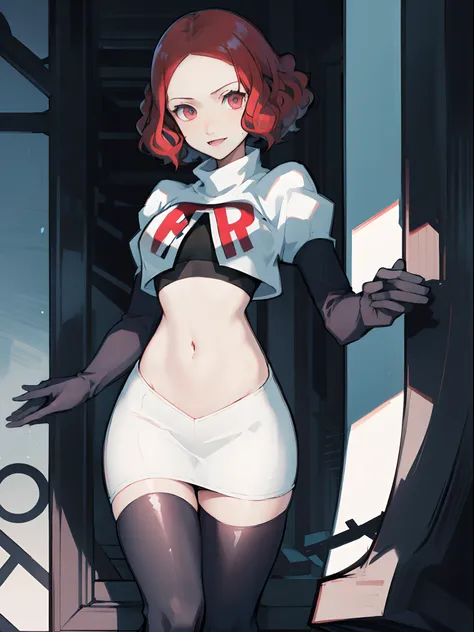 haru okumura (persona 5), team rocket uniform, white jacket, white skirt, pencil skirt, miniskirt, black thighhigh boots, black ...