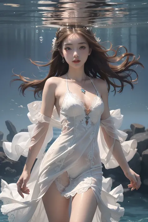 High detail CG，rich details​，An underwater world in the sun，deep water，water bubbles，small fish swimming around，Dress normally，White lace dress，The outside is covered with a white coat，Dragon girl，Wear an exaggerated necklace，Brown hair long，The sun shines...