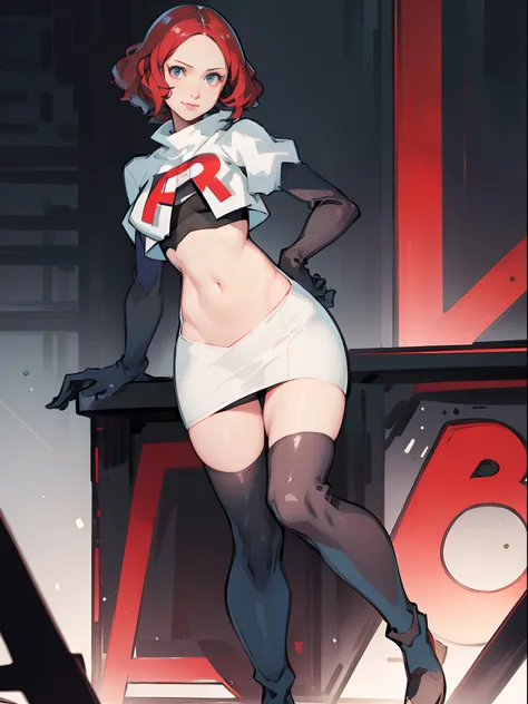 (best quality,4k,8k,highres,masterpiece:1.2),ultra-detailed,(realistic,photorealistic,photo-realistic:1.37),Haru Okumura (persona 5),team rocket uniform,white jacket,white skirt,miniskirt,pencil skirt,black thigh-high boots,black elbow gloves,hand on hip,m...