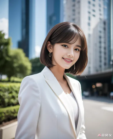 ((Best Quality, 8k, Masterpiece: 1.3)), 1 girl, smile, full body, slim face, pretty woman, short dark brown hair, white crisp shirt on upper body, black straight suit pants on upper body, high heels, super detailed face, detailed eyes, double eyelids, blur...