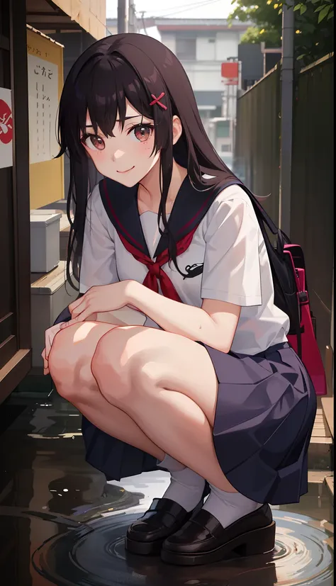 1girl in、A smile、The shirt、skirt by the、（small tits）Chilarism、Japan High School Student Uniform、serafuku、summer clothing、Squall Drenched Uniform、（Sheer Bra）、Upper body portrait、Squatting panchira、