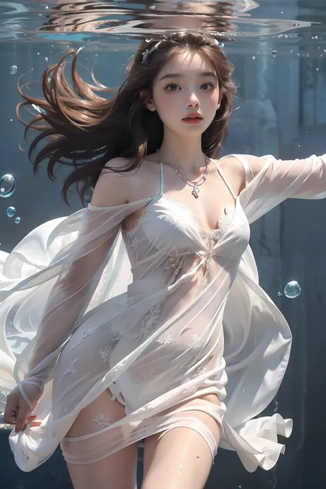 High detail CG，rich details​，An underwater world in the sun，deep water，water bubbles，small fish swimming around，Dress normally，White lace dress，The outside is covered with a white coat，Stretching，teens girl，Wear an exaggerated necklace，Brown hair long，The ...