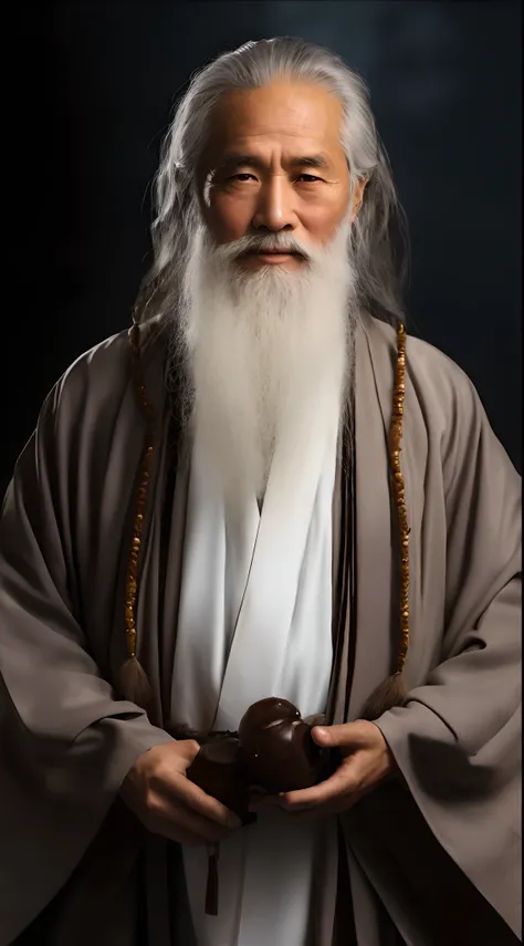 Arafeld man with long white beard and white beard holding chocolate donuts, Taoist, Taoist master, portrait of monk, wise old indian guru, Daoism, inspired by Wu Daozi, wearing a long flowing robe, Long white hair and white beard, flowing hair and long rob...