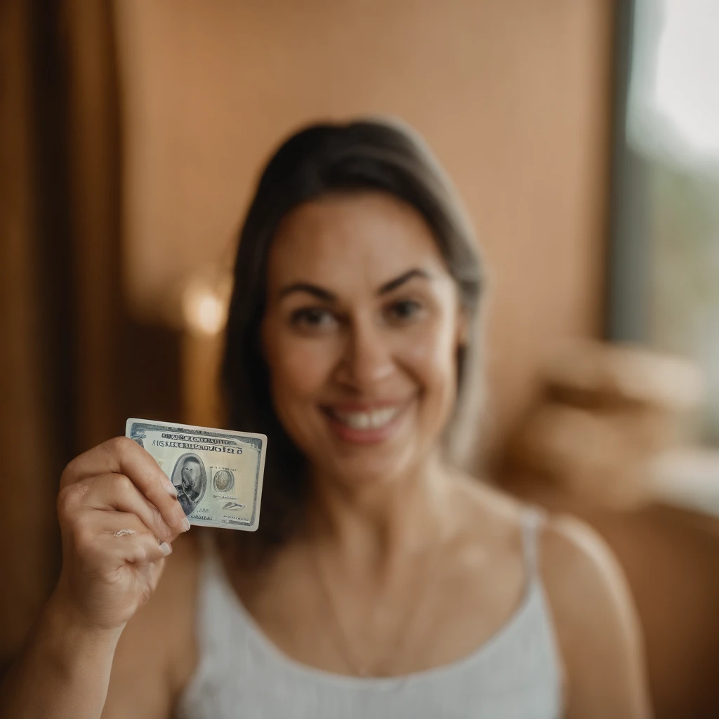 arafed woman holding a fake id card with a picture of a woman, passport photo, ssr card, official government photo,((Best quality)), ((bedroom)), (woman taking ), ((round face shape)), ((brown eyes)), ((brown hair)), (latina), adult, sexy, portrait shot, w...