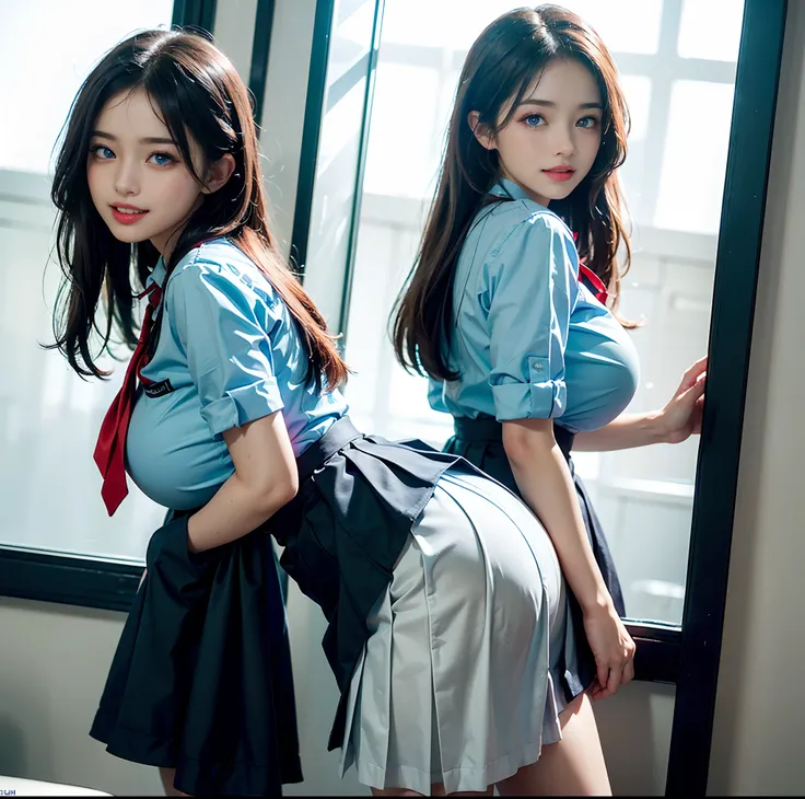 top-quality、 ​masterpiece、(Professional lighting without shadows)、 A hyper-realistic、 Bewitching、 perfect anatomia、 Two girls, (Girl proudly standing in front of camera shows off high school girl uniform、Another girl on the other side、Bend over and stick y...