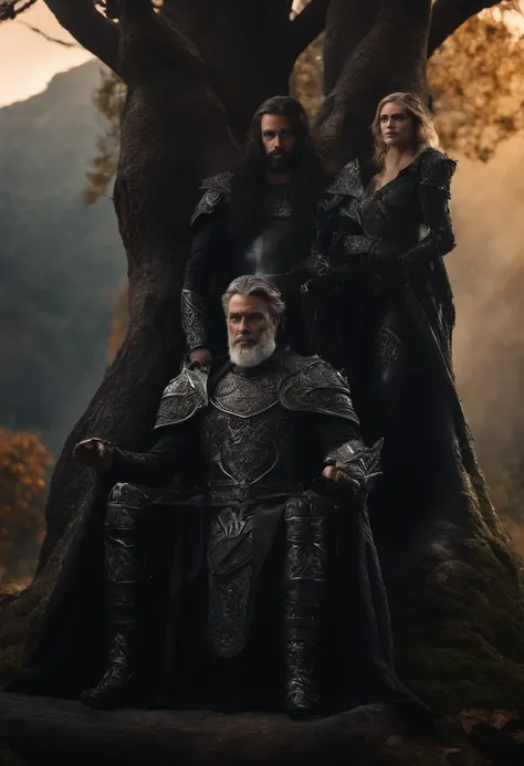 two dark kings and a queen, all dressed in black armor covered in darkness, all sitting on a large, single throne made from a gigantic mystical tree.