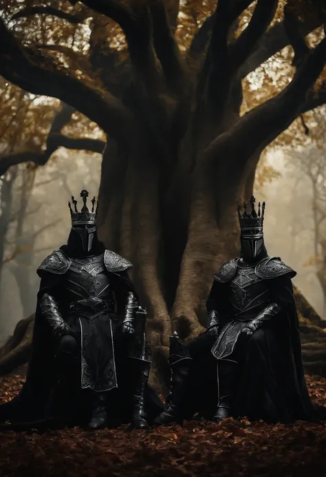 two dark kings and a queen, all dressed in black armor covered in darkness, all sitting on a large, single throne made from a gigantic mystical tree.