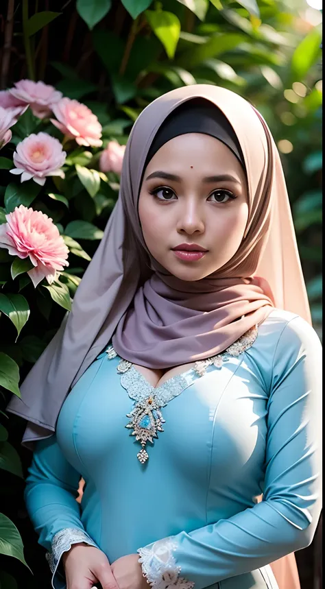 1 malay girl , modern plain hijab,  shy, medium portrait shot , watery  eyes ,droopy eyes, watery, lip glossy, sad face, ((big breast)), wear java wedding woman in kebaya , (big breast) , flower garden background, bokeh background, proportional body,