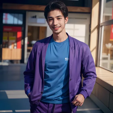 (best quality, 8k, realistic:1.37), a young 22-year-old Brazilian boy, looking at the smartphone camera with a cool smile, wearing a blue shirt, a purple jacket, and ultra-realistic red long pants.