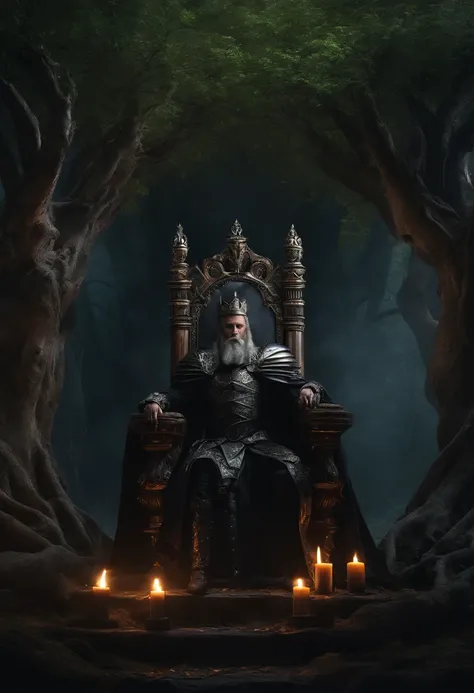 two dark kings and a queen, all dressed in black armor covered in darkness, all sitting on a large, single throne made from a gigantic mystical tree.