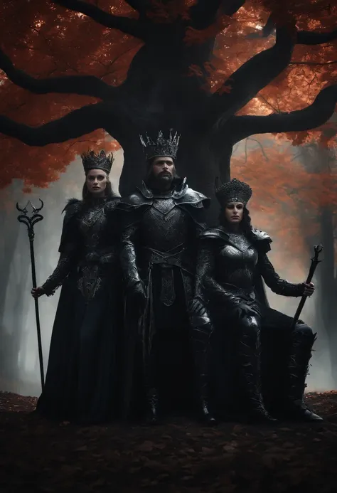 two dark kings and a queen, all dressed in black armor covered in darkness, all sitting on a large, single throne made from a gigantic mystical tree.