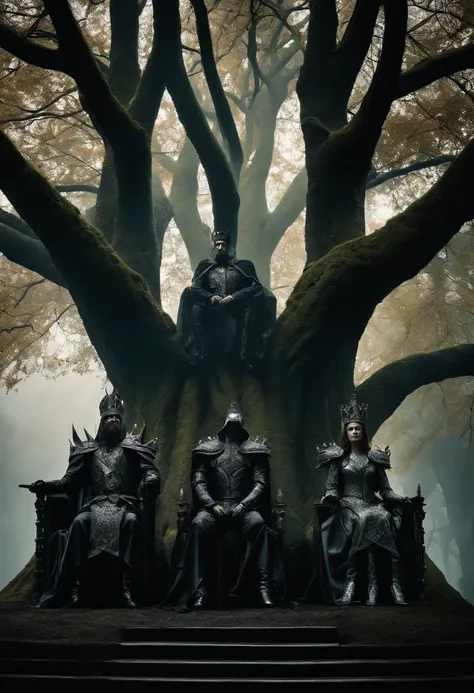 two dark kings and a queen, all dressed in black armor covered in darkness, all sitting on a large, single throne made from a gigantic mystical tree.