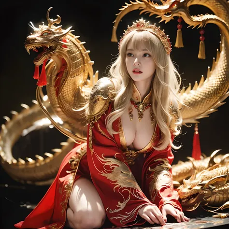 (Fight fiercely with dragons)、top-quality、​masterpiece、超A high resolution、（White Dragon Armor）、dragon armor、(Wearing a beautiful crown made of jewels),(Photorealsitic:1.4)、Raw photo、女の子1人、Golden hair、glowy skin、(((Chinese Dragon)))、（Gorgeous Jewelry Neckla...