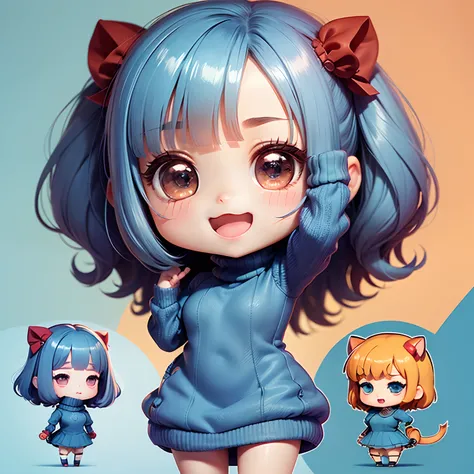 ​masterpiece、top-quality、ultra-detailliert、(Chibi Charas Daughter:1.4)、Chibi Boutique、Light blue bob hair、(Redhound Tooth Court: 1.4), (Light Blue Turtleneck Sweater Dress:1.2)、Open your mouth and smile、Standing