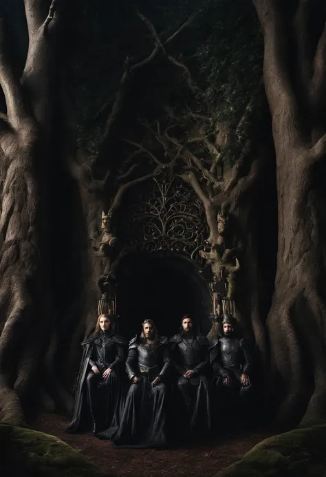 two dark kings and a queen, all dressed in black armor covered in darkness, all sitting on a large, single throne made from a gigantic mystical tree.