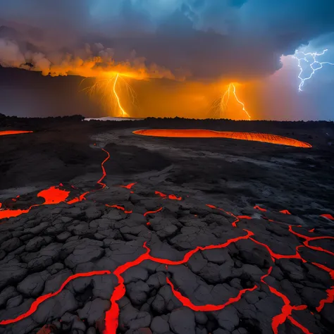 finest image, detailed and delicate depiction, large volcanic eruption, muddy lava, background cloudy, black rain, raindrops, thunder, lightning