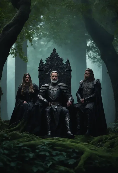 two dark kings and a queen, all dressed in black armor covered in darkness, all sitting on a large, single throne made from a gigantic mystical tree.