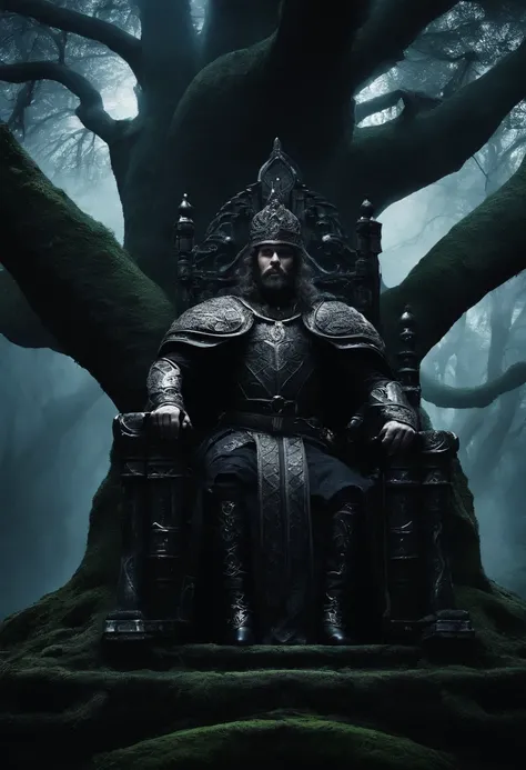 two dark kings and a queen, all dressed in black armor covered in darkness, all sitting on a large, single throne made from a gigantic mystical tree.