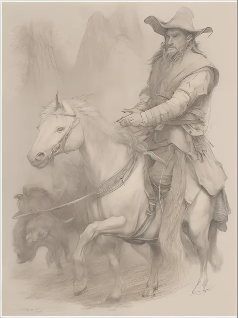 a drawing of a man with a staff and a bunch of animals, by Balázs Diószegi, inspired by Alan Lee, epic pencil illustration, style of alan lee and john howe, by Tadeusz Pruszkówski, inspired by John Blanche, by Andrzej Wróblewski, lord of the rings concept ...